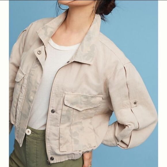 Anthropologie HEI HEI Khaki Camo Linen Cropped Jacket L - Picture 10 of 10